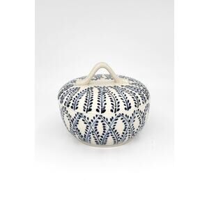 Vietnamese Hand-Painted Ceramic Lidded Bowl with Blue Vine Motif